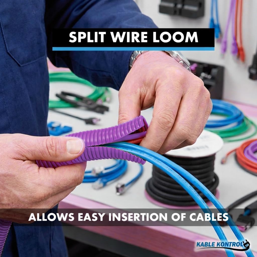Kable Kontrol Colored Split Wire Loom Tubing 3/8” Inch 100 Feet Long - Purple Wire Conduit Cover for Cords - Corrugated Tubing and Protector for Automotive Wires – Durable Polyethylene