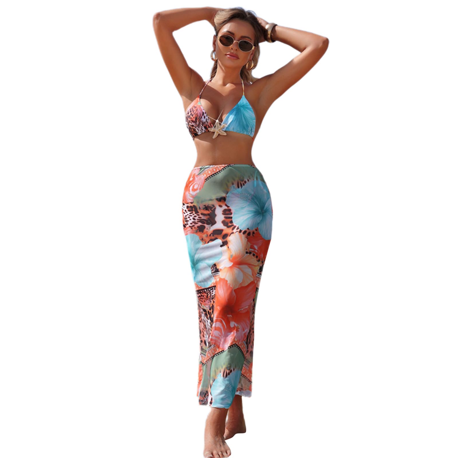 CAZSTYK Backless Swimsuits Ladies Bathing Suit 3 Pcs Split Swimwear Stylish Swimming Costume Set for Beachwear Women Flower Print Bathing Suit