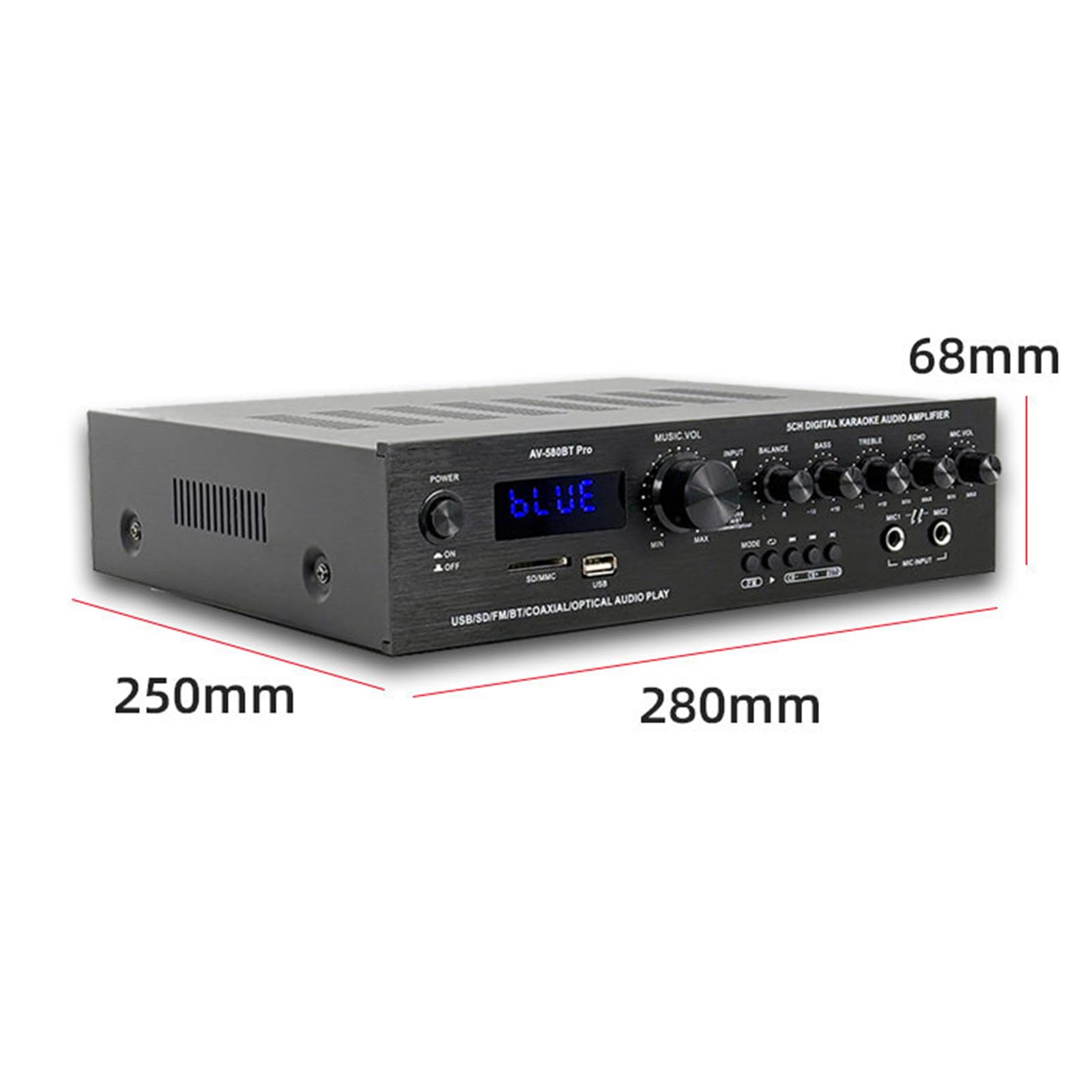 Wzmacniacz audio stereo 750 W, 5.0-kanałowy odbiornik stereo z pilotem (10 M) / USB/SD/podwójny interfejs mikrofonu/BT 5.4, dekodowanie światłowodowe/koncentryczne, do B