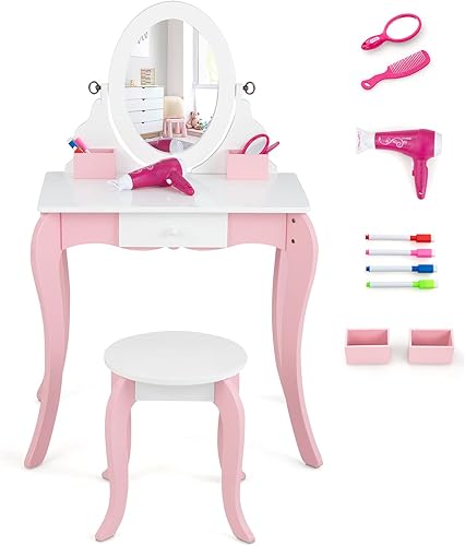 Miniatura 27 de HONEY JOY Vanity - Tocador de madera 3 en 1 de maquillaje de princesa con taburete, espejo de doble cara y pizarra blanca con 4 rotuladores, cajón,