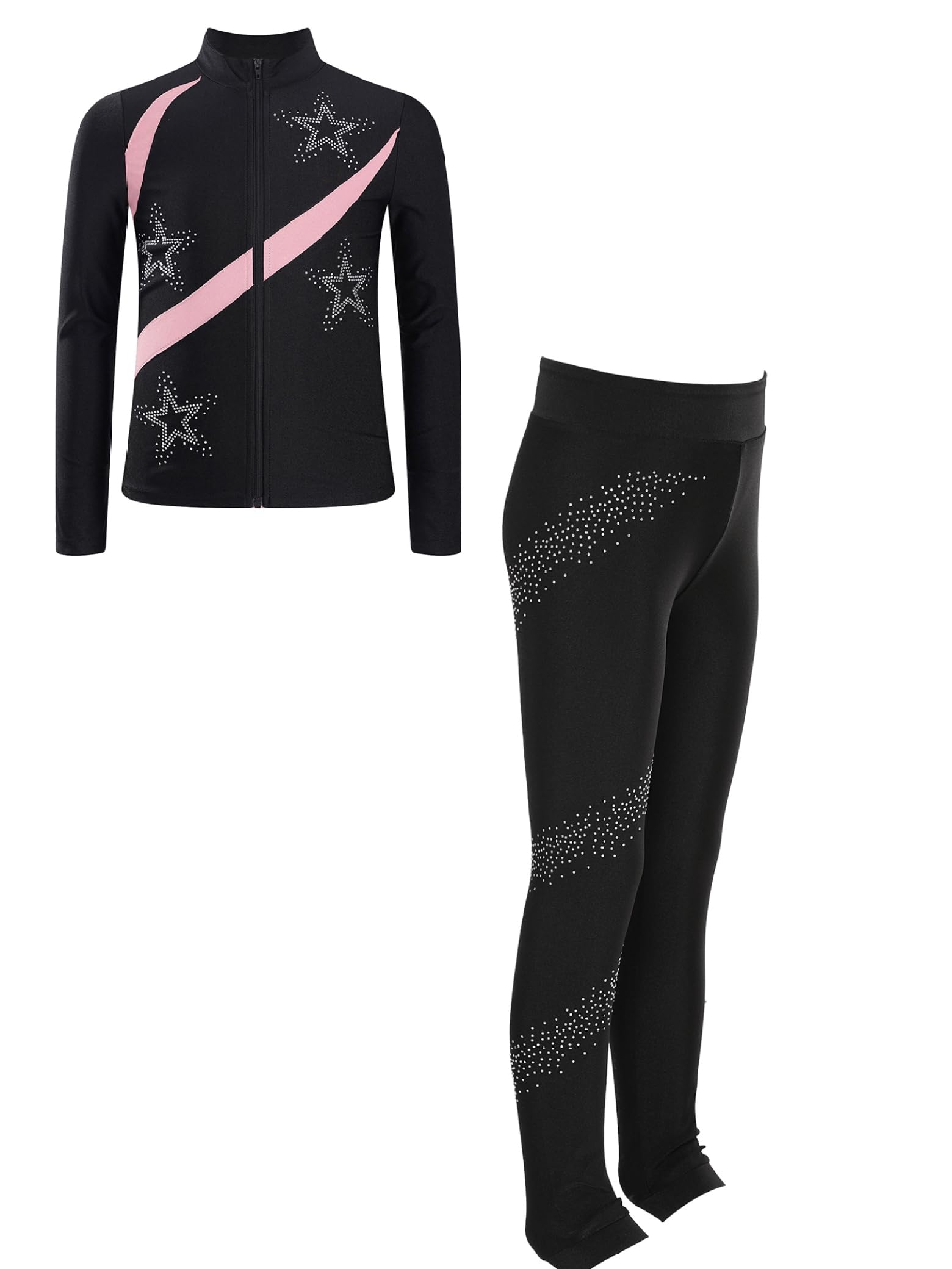 Jydiazi Mädchen Eiskunstlauf Anzug Glitzer Strass Jacke Und Leggings Mit Colorblock Kinder Eislaufen Tanzanzug Sport Kleidung Set Sweatsuit Rosa 122-128