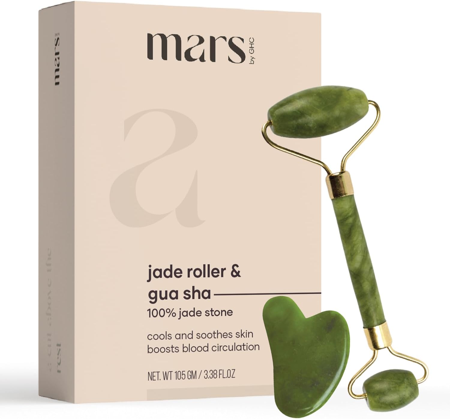mars by GHC Jade Roller & Gua Sha Massager Combo, Natural Jade Stone, Improves Facial Micro Circulation, Reduces Puffiness & Wrinkles, Improves Skin Elasticity