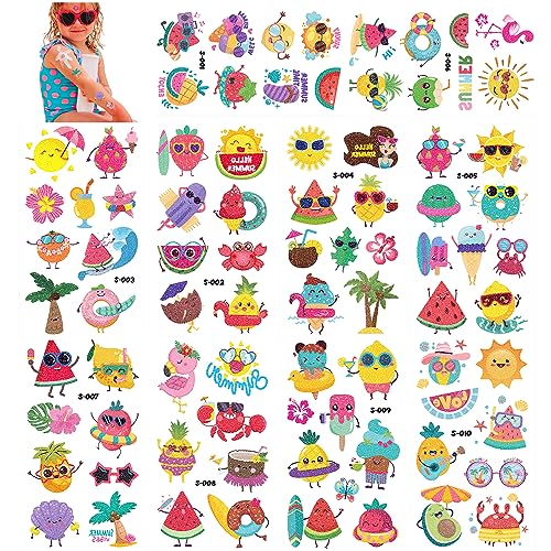Summer Party Temporary Tattoos for Kids-10 Sheets Glitter Fruit Temporary Tattoos Tropical Party Favors For Kids,Watercolor Hawaii Summer Beach Tattoos Sticks for Kids Adults Party Accessories