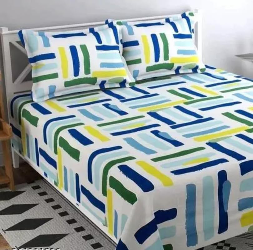 Geeta Homes Glace Cotton Fitted 1 Bedsheet King Size (72"x78") | All Around Elastic | Cotton Feel | 2 Pillow Covers (17"x27") | Fits Up to 8" Mattress | 220 TC | Printed Double Bed Sheet B2901