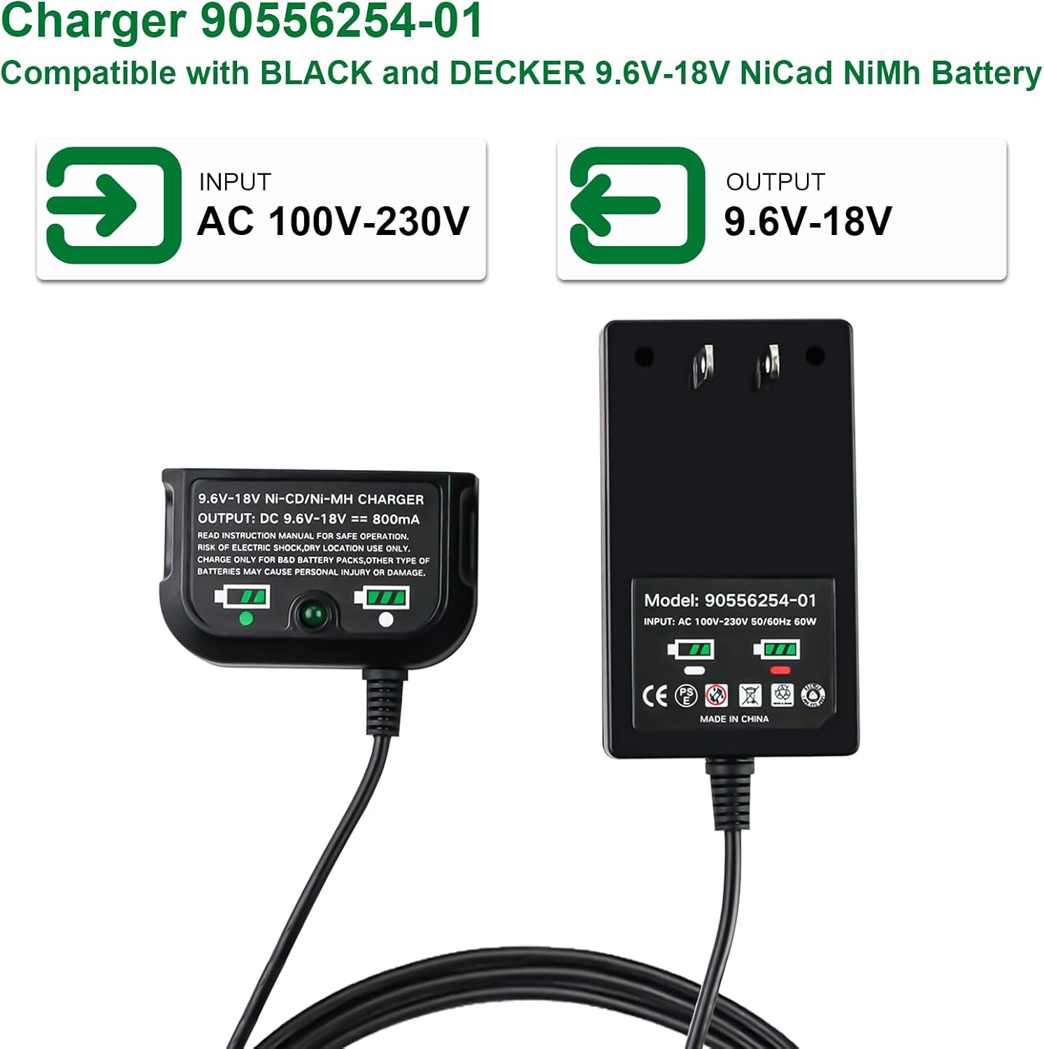 Replacement for Black and Decker 9.6V 12V 14.4V 18V Battery Charger 90556254-01Compatible with NiCad & NiMh Slide Style Battery HPB18 HPB18-OPE FSB18 HPB14 FSB14 HPB12 FS12B HPB96 FSB96