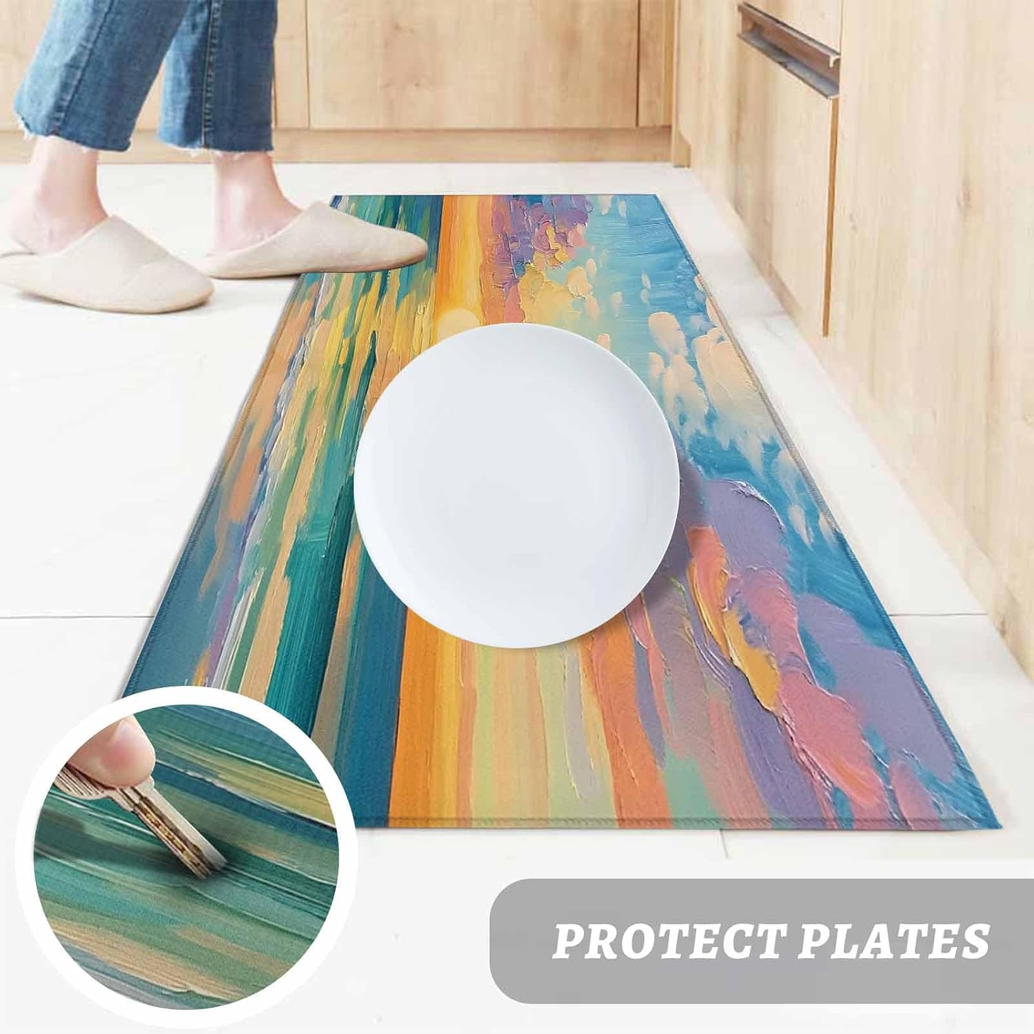 Kitchen Mats for Floor Seaside Beach Sunset Impressionist Style Washable Non Slip Kitchen Rugs 2PCS, Watercolor Oil Painting Art Absorbent Standing Mats for Sink Living Room 15.7x23.6in+15.7x47.2in