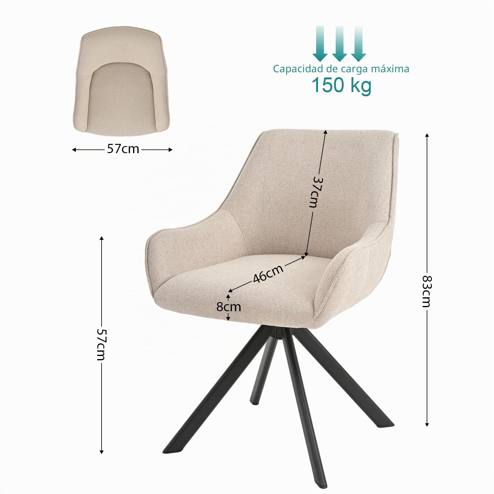 Juego de 4 sillas de comedor giratorias con reposabrazos – Silla acolchada giratoria 360° de lino moderna, silla de cocina con estructura metálica y respaldo para comedor, sala de estar