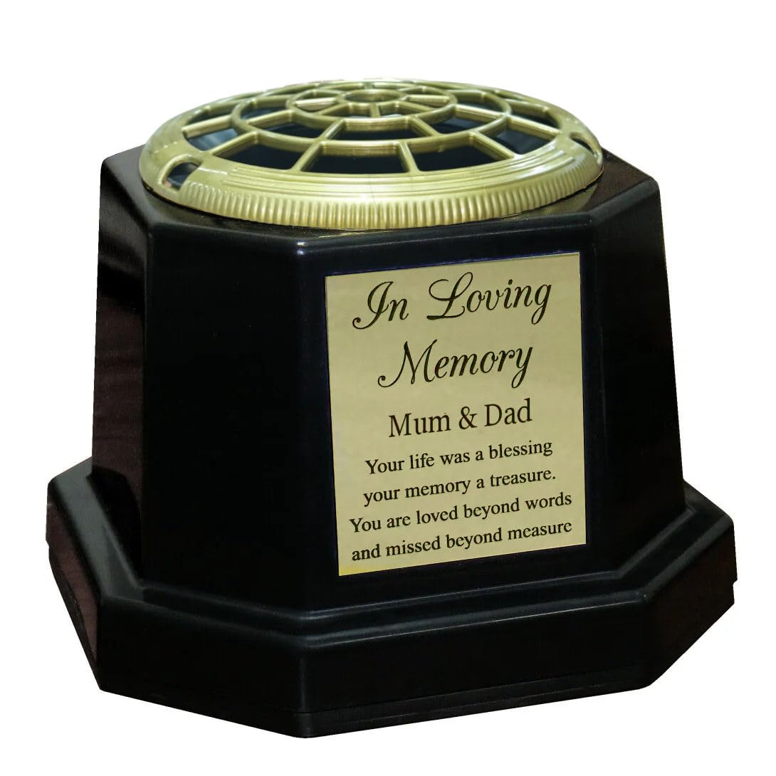 Black Graveside Memorial Flower Vase with Gold In Loving Memory Plaque (Mum & Dad)
