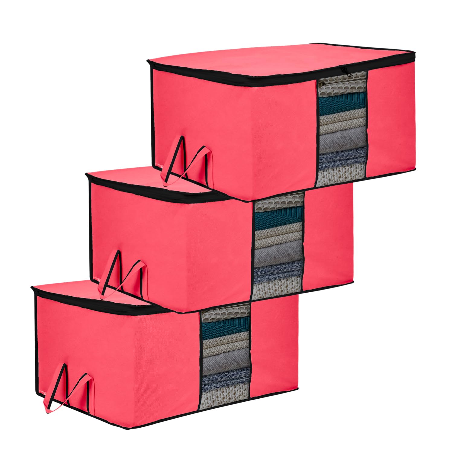 Kuber Industries Underbed Storage Bag | Clothes Storage Bag | Blanket Cover with Clear Window | Zipper Closure & Handle Cloth Organizer | Plain Black Border | Large | Pack of 3 | Pink-image-47