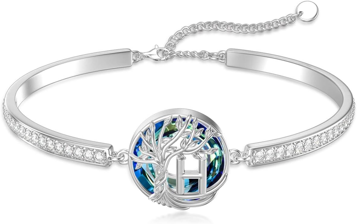 TOUPOP Tree of Life Initial Bracelet 925 Sterling Silver Letter Bracelet with Blue Circle Crystal Birthday Mothers Day Jewelry Gifts for Women Wife Mom