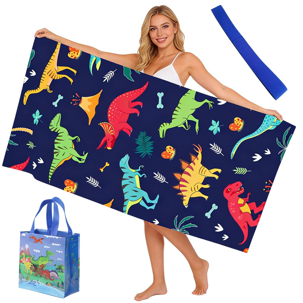 Vexthorion Dinosaur Dino Beach Towel, Sand Free Dinosaur Microfiber Beach Towel With Elastic Fixing Belt Portable, Quick Dry Sand Free Oversized Travel Towel For Beach Pool Camping 3pcs (blue1)