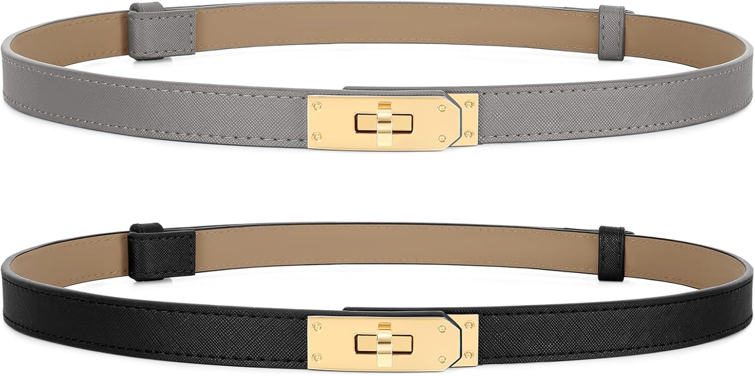 Horsopia 2 Pack Women Skinny Leather Belt for Dresses Jeans Solid Color Alloy Turn Lock