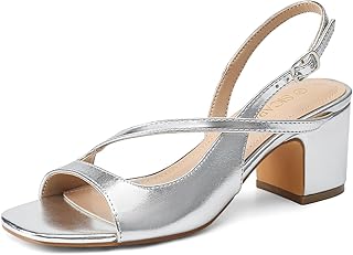 Women’s Square Open Toe Chunky Heels, Gold Silver Slingback Strappy Heel Sandals with Adjustable Buckle Strap Low Heeled Sandal Dressy Shoes