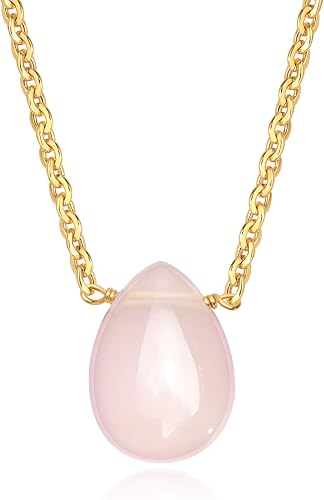 VACRONA Pink Crystal Choker Necklace 14K Gold Plated Natural Crystal Teardrop Sh