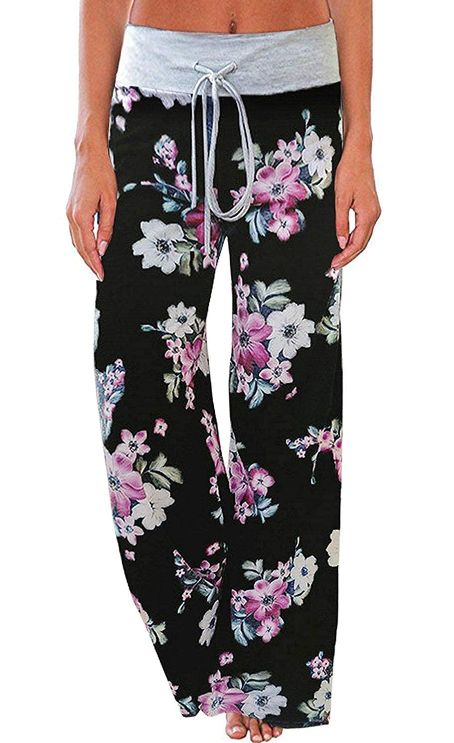 ElsoferWomen's Pajama Lounge Pants Floral Print Comfy Casual Stretch Palazzo Drawstring Pj Bottoms Wide Leg Pants