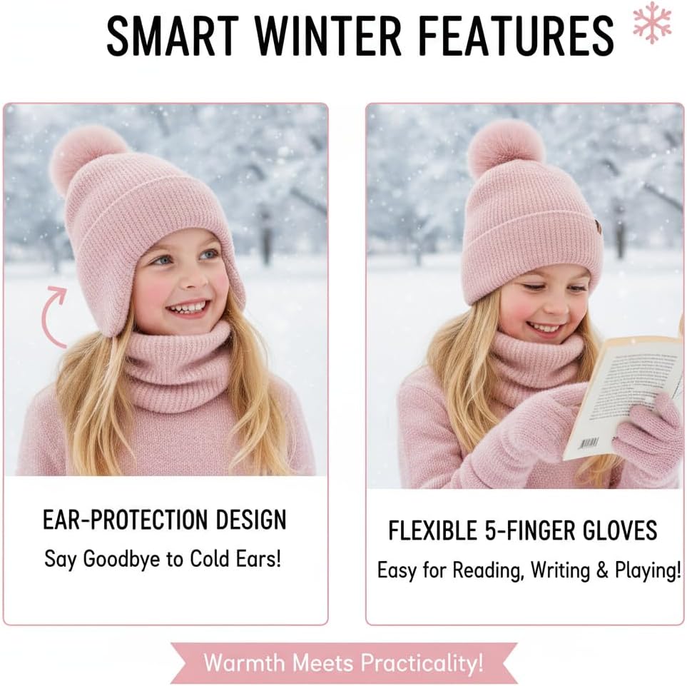 FENELY 3Pcs Kids Winter Beanie Hat Scarf Gloves Set for 4-10 Years Girls Boys Toddler Neck Warmer - Image 6