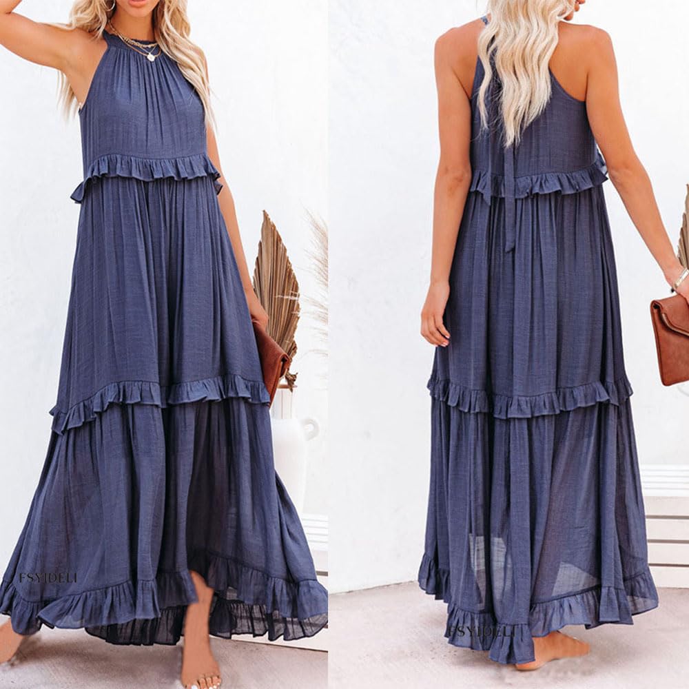 Vestido Largo sin Mangas con Cuello Halter, Vestido Informal con Volantes y Volantes, Vestido Largo con Vuelo en la Playa