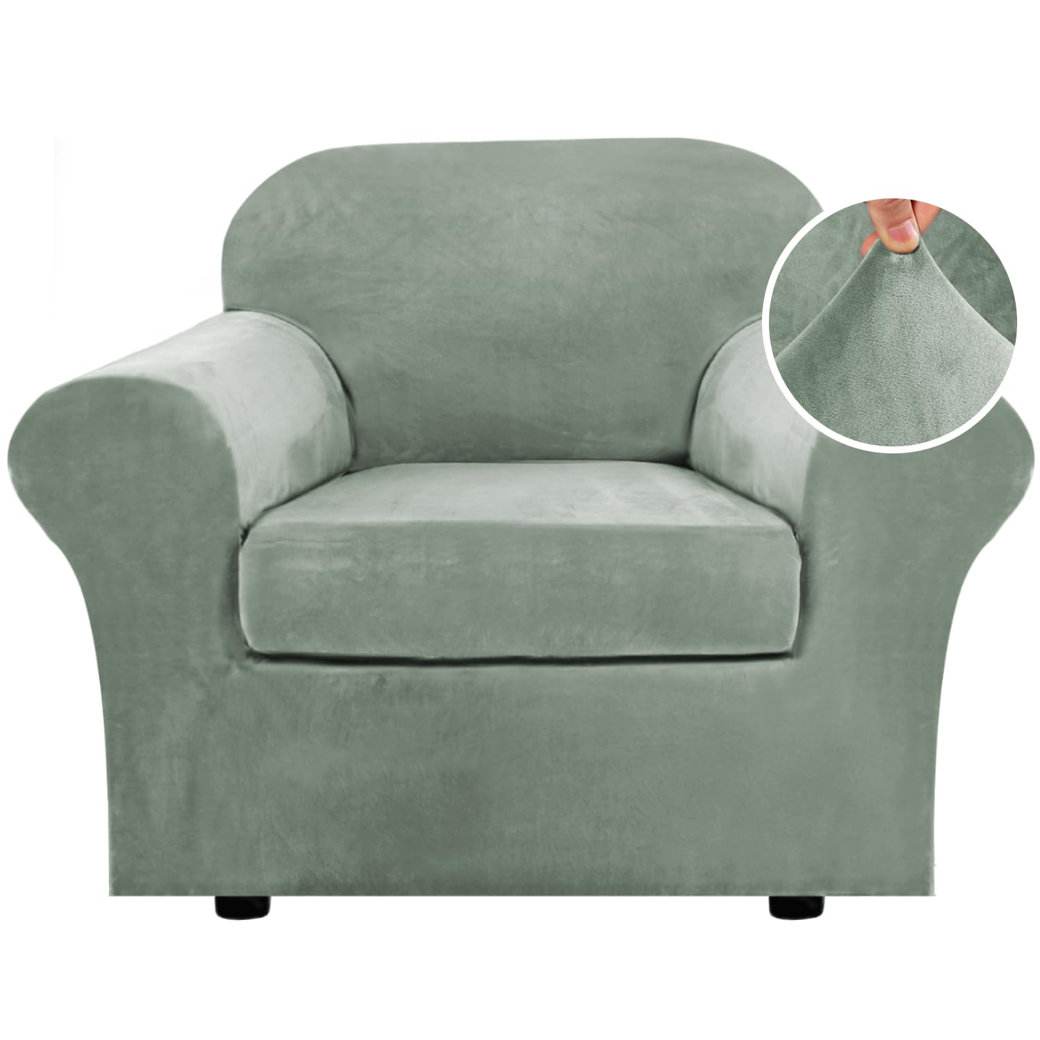 H.VERSAILTEX Rich Velvet Stretch 2 Piece Chair Cover Chair Slipcover Sofa Cover Furniture Protector Couch Soft with Elastic Bottom Chair Couch Cover with Arms Width Up to 49 Inch(Chair, Sea Grass)
