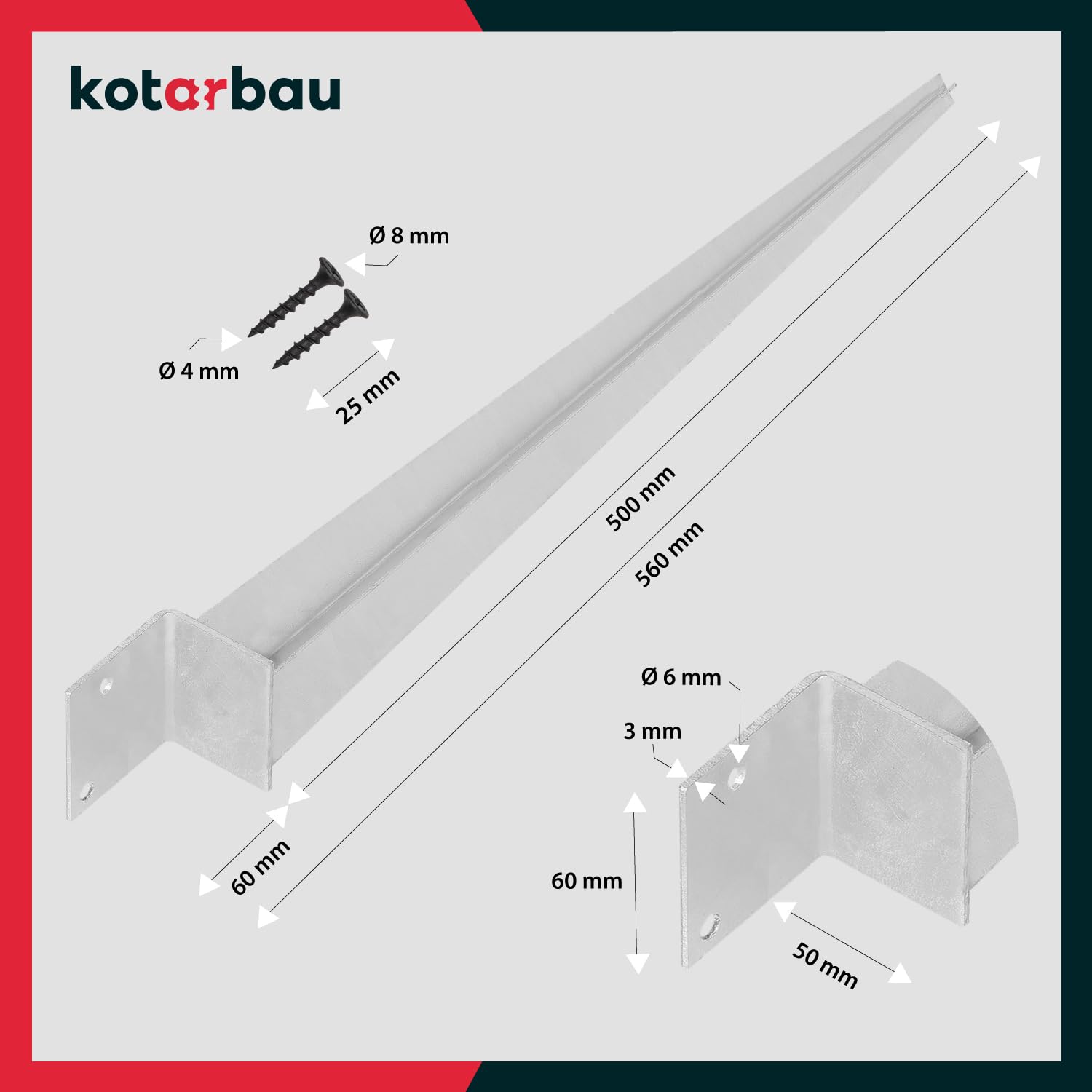 KOTARBAU® 6 Pezzi Supporto per Palo - Acciaio Zincato - 500 mm - Argento - 50 x 60 mm - Supporti per Pali in Legno - Staffe Per Pali In Legno - Supporto Palo Recinzione - Resistente alla Corrosione