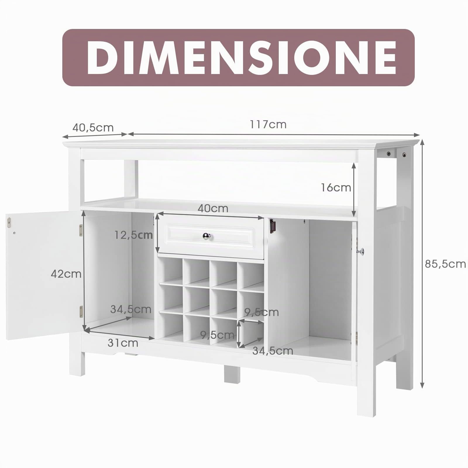 COSTWAY Credenza Moderna con Tanto Spazio, Credenza Cucina con Porta Bottiglie di Vino a Forma Incrociata, Mensola Aperta, 2 Armadietti e Cassetto, 117 x 40,5 x 82,5 cm (Bianco)