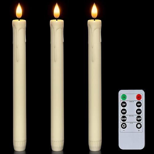 Homemory 3 velas cónicas sin llama con temporizador remoto, velas LED marfil de 9.6 pulgadas, funciona con pilas, velas parpadeantes de plástico sin