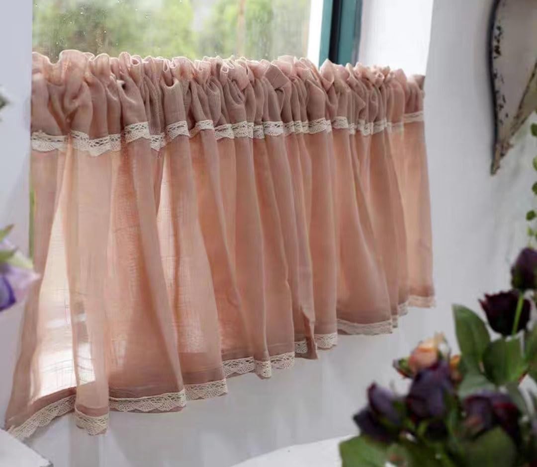 Zasłona Sheer Valance, mała zasłona kuchenna, półprzezroczysta, krótka zasłona z woalu, karnisz, filtrujący światło, karnisz bistro,Krótkie zasłony(Pink,W x H 150x40cm)
