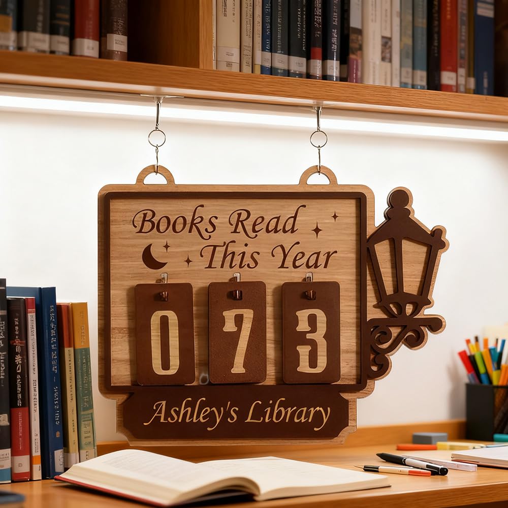 Personalised Book Tracker Sign, Custom Books Read This Year Counter, Book Lover Gift for Teachers, Librarians, Women, Readers, Wooden Hanging Library Decor, Bookshelf Accessory, Christmas Bookish Gift