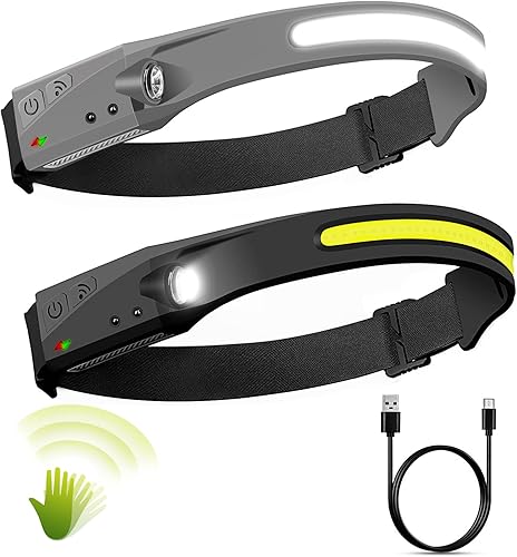 Linterna frontal LED, paquete de 2 faros recargables con haz de 230 de ancho, sensor de movimiento, 5 modos, linterna ligera a prueba de sudor para