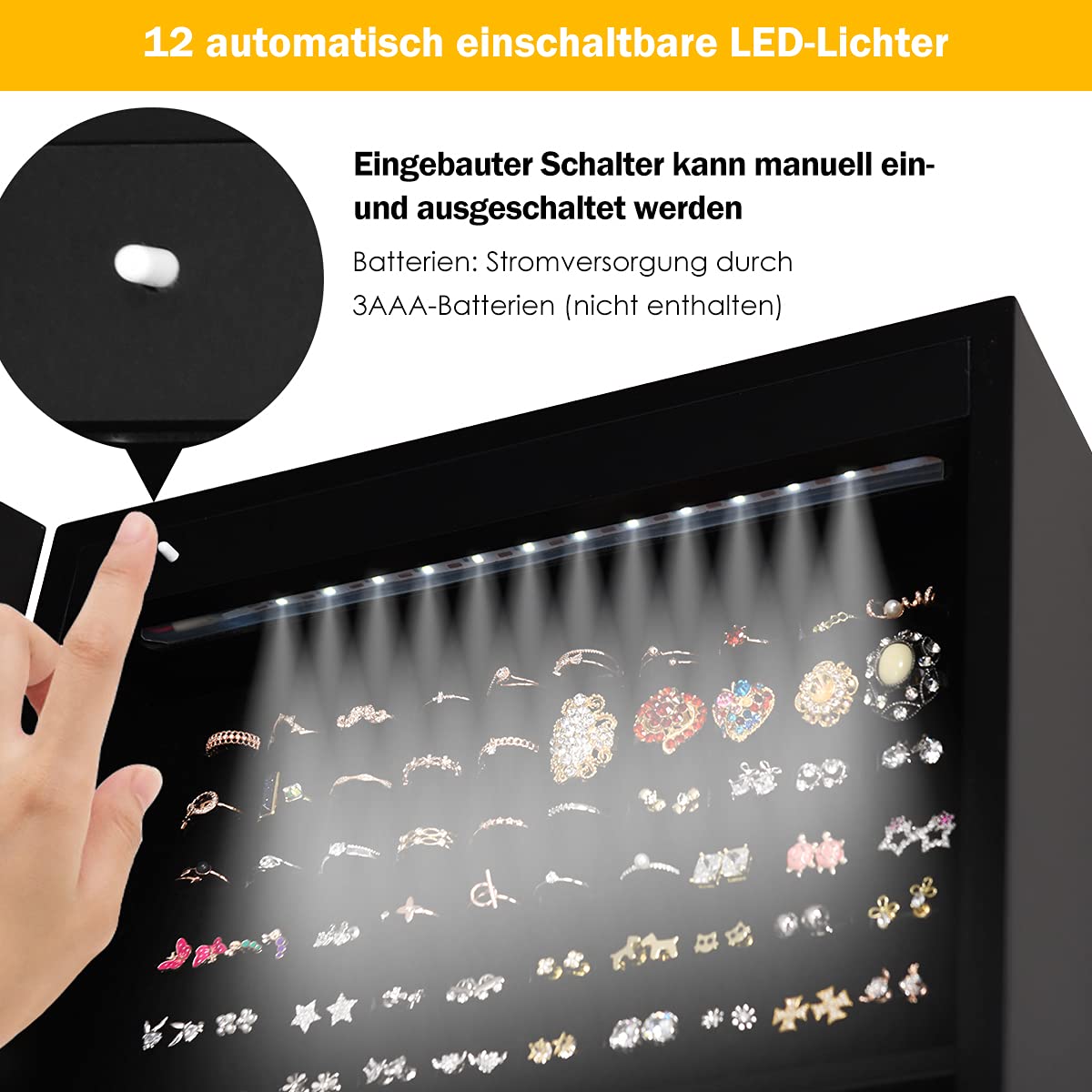 COSTWAY Schmuckschrank Standspiegel abschließbar, 2 in 1 Ganzkörperspiegel mit Schmuck Aufbewahrung, Spiegelschrank mit 12 LEDs freistehend (Schwarz)
