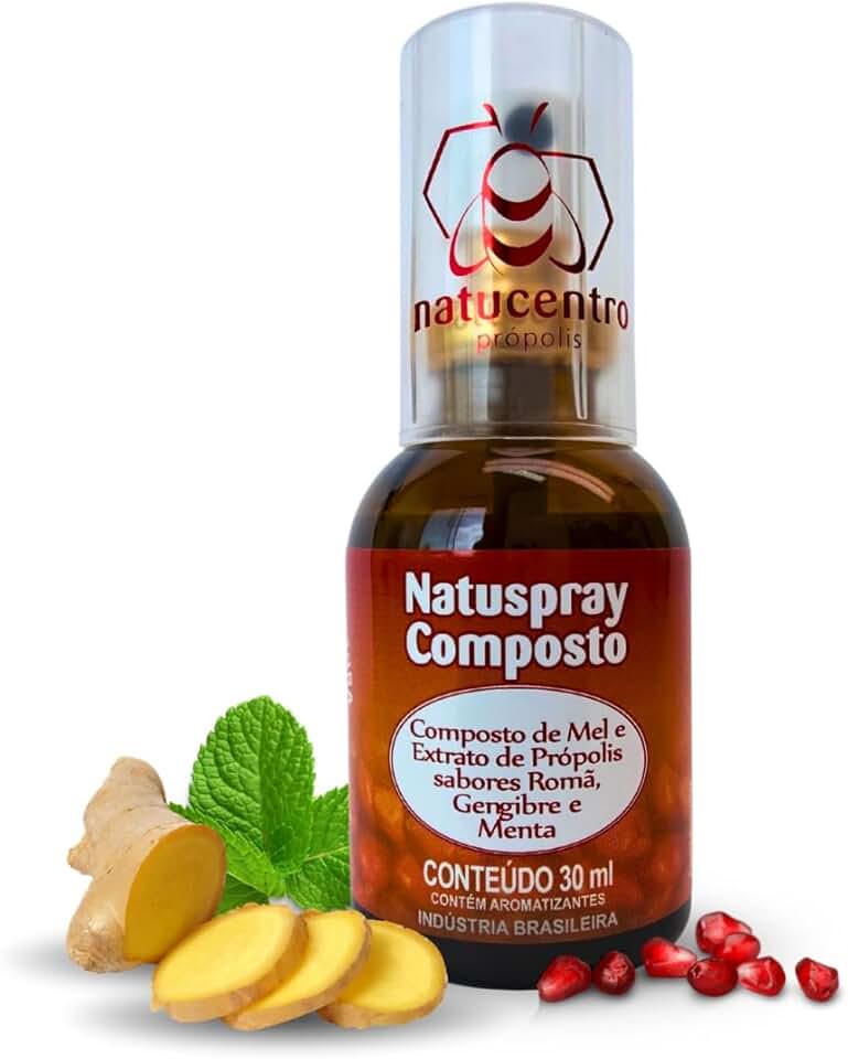 Spray de Própolis Verde e Mel, Sabor Romã, Gengibre e Menta, Auxílio Natural ao Sistema Imunológico com sabor dellicioso. Marca Natucentro.