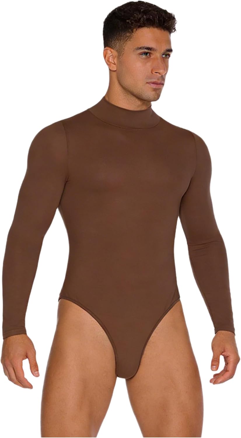 Men's Bodysuit Mock Neck Long Sleeve Buttoned Crotch Solid Color Leotard Jumpsuit