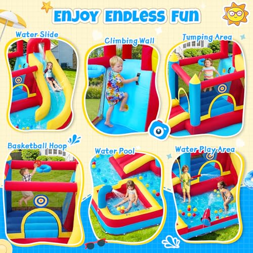 Image of Bounce House with Slide & Blower, Inflatable Water Park Bouncy Castle with Climbing Wall, Ball Pit & Water Cannon for Indoor Outdoor Backyard Play