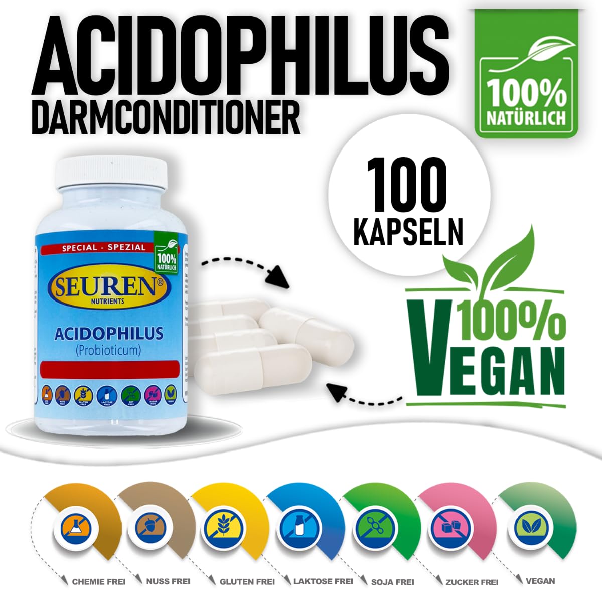 Seuren Nutrients | Acidophilus acondicionador intestinal 100 cápsulas Probiótico Sin gluten | Sin lactosa | Sin azúcar 100% natural