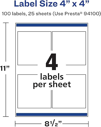 Miniatura 5 de Avery Etiquetas cuadradas impermeables duraderas, tecnología Sure Feed, 4 x 4 pulgadas, 100 en total, etiquetas impermeables resistentes al aceite y