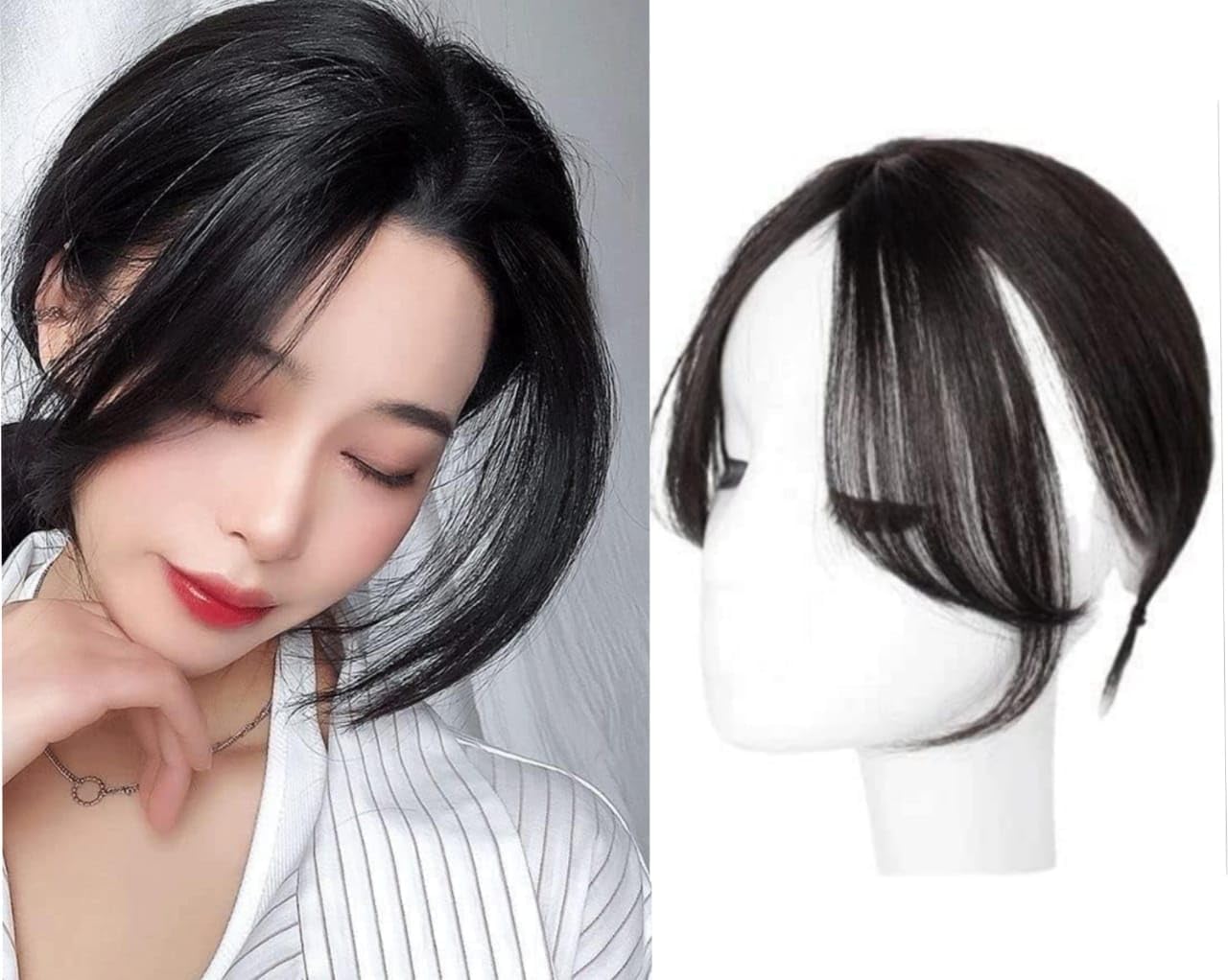 HAIR WALA™ 2 x 2 Inches Silk Base 2 Clip Hair Topper with False Side Bangs for Covering Grey,White or Thinning Hair Clip-in Extensions Invisible Hairpieces Hair Topper (Black), Matte Finish
