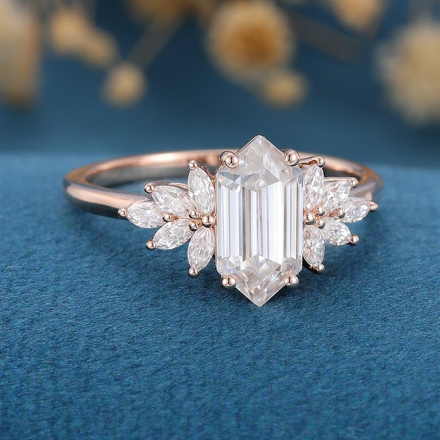 Elongated Hexagon Cut Moissanite Engagement Ring in Rose Gold Dainty Art Deco Bridal Promise Ring Vintage Wedding Ring Diamond Cluster Ring4