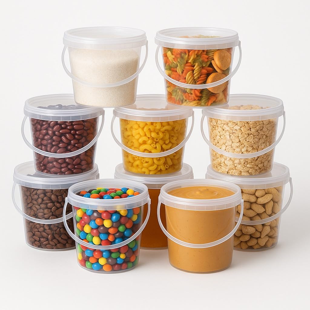 Cubo de plástico transparente con tapa, 2,3 litros, 100 unidades, apto para alimentos, estable, hermético, con asa, vacío