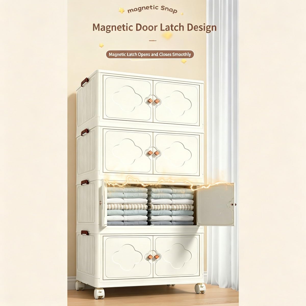 Scatole portaoggetti con coperchio, Armadio pieghevole ruote, senza montaggio, Cassetta in plastica for vestiti, giocattoli, camera da letto e cucina(Three)