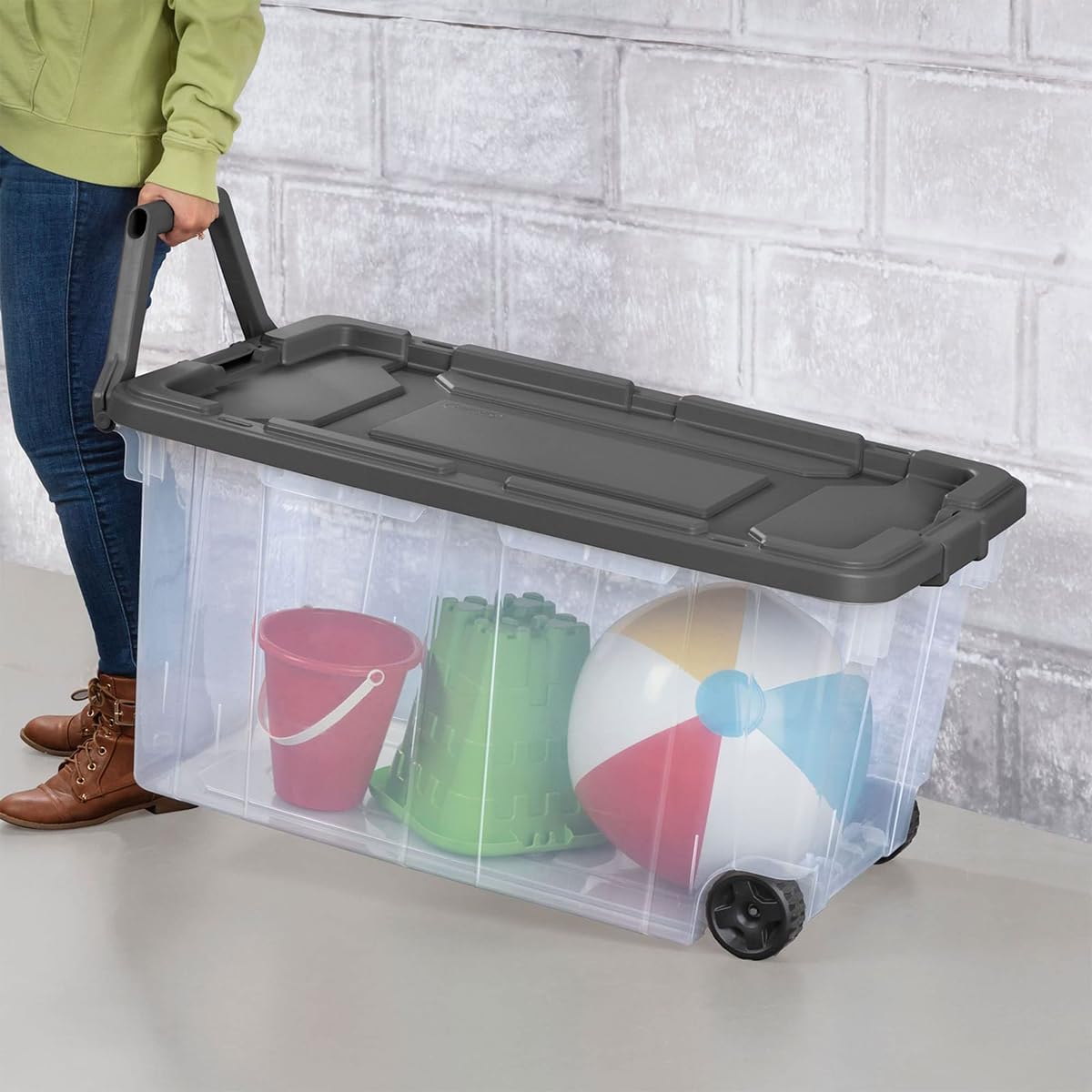 YBW AVSAN Wheeled Industrial Tote Plastic Storage Box with Durable Lid 40 Gallon /151 Liter Rolling Storage Bins with Lids & Base w/Racer Red Handle & Latches, Black， 2-Pack