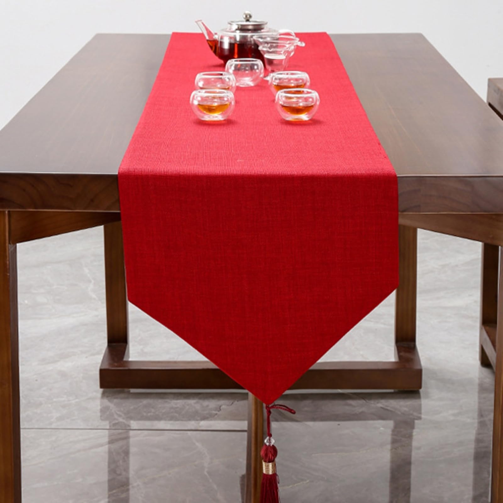 Tischläufer Baumwollleinen Wohnzimmer, Tischläufer Hochzeit 33x240 cm, Uni Rot mit Quasten