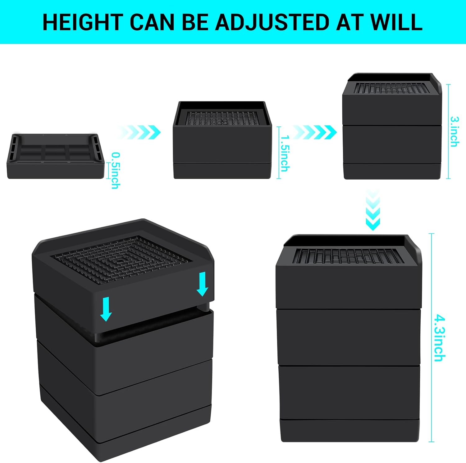 Flechazo Pack of 16 Furniture Bed Risers, 2 or 4 Inch Heavy Duty Adjustable Furniture Risers with Non-Slip Mats for Bed, Desk, Sofa and Table