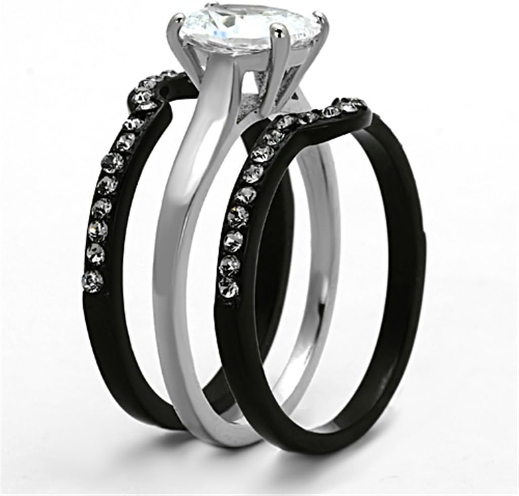 Marimor Jewelry His and Her 4 Piece Black and Silver Stainless Steel and Titanium Wedding Ring Band Set