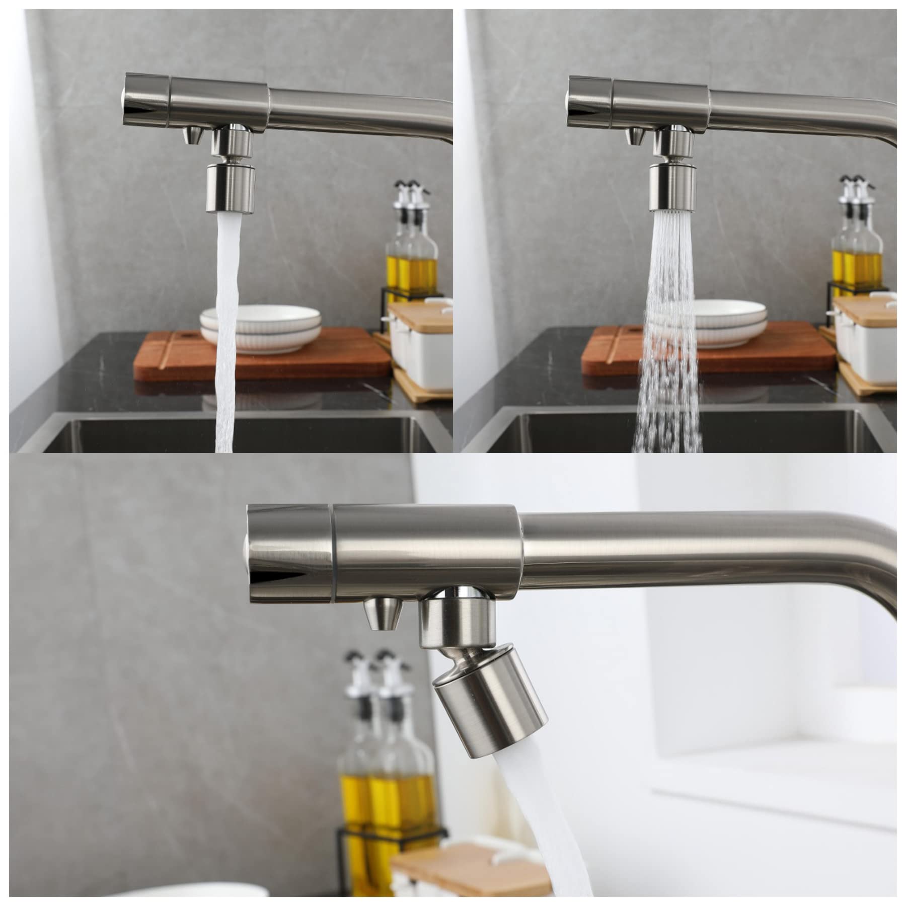 Grifo De Cocina 3 Vías Osmosis Con Abatible, Dos Salidas Mezclador De Fregadero En Latón，360° Giratorio Con Aireador, Superficie Cepillada