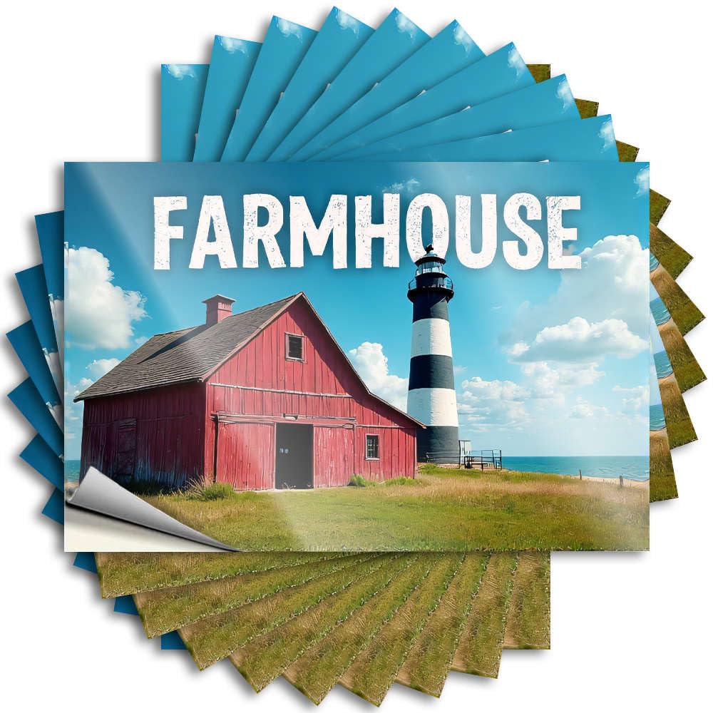 Decals Hard Scratch Resistant Decals, Neutral Matte Print for Phone Case Birthday | Holiday Uv Proof Pack A Red Barn and Lighthouse with The Word Farmhouse Above It(8X12CM)