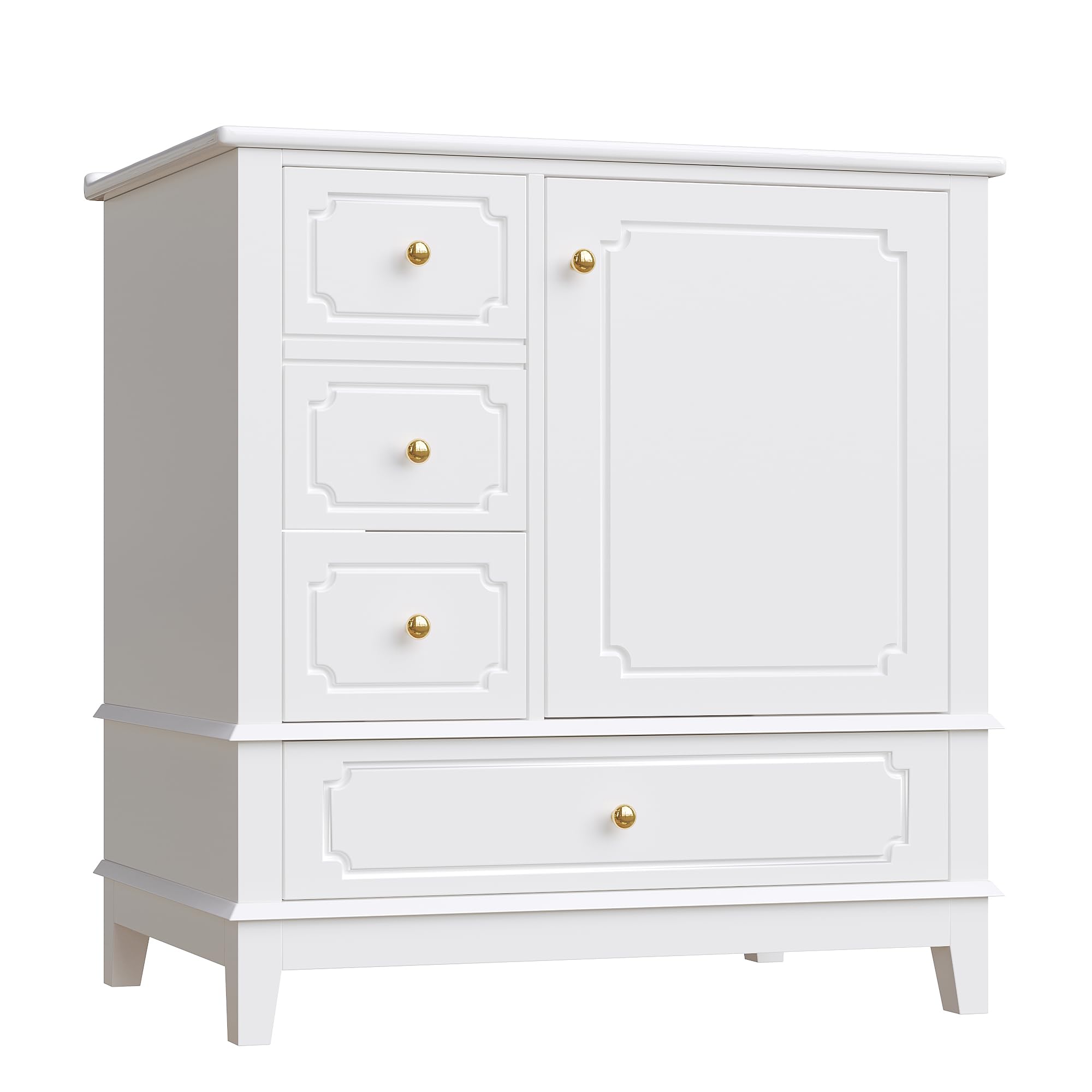 Armario para lavabo de baño, 76,5 x 47 x 87,5 cm, con lavabo de cerámica, asas doradas, antibacteriano, color blanco, con orificio de rebosadero y mucho espacio de almacenamiento