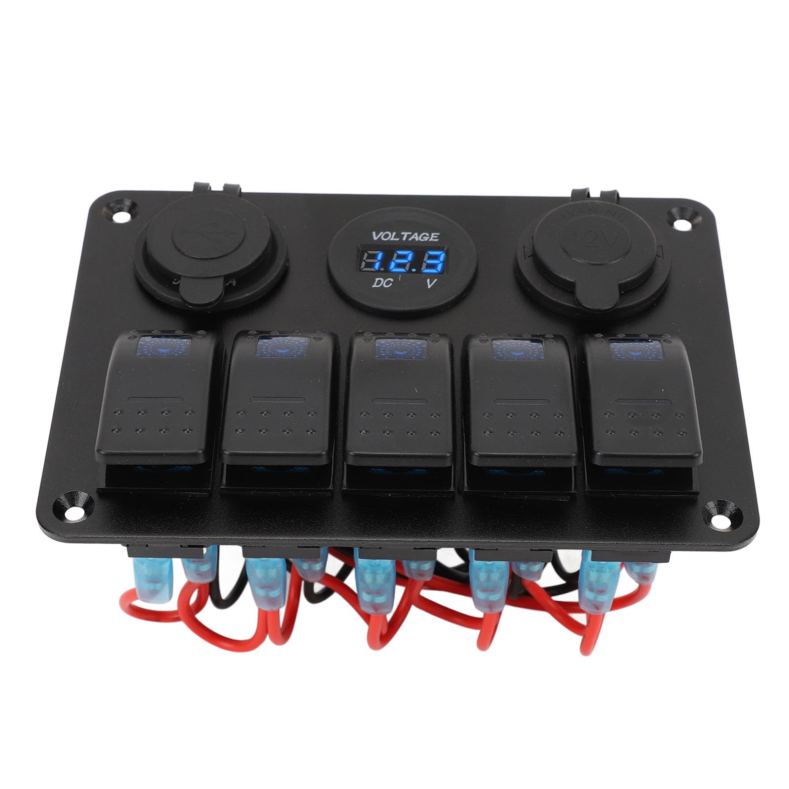 Pannello Interruttori a Bilanciere Marino a 5 Gruppi Pannello Interruttori Impermeabile in Lega di Alluminio 12V a 24V con Porte USB Voltmetro per Barche, e Veicoli (BLUE)