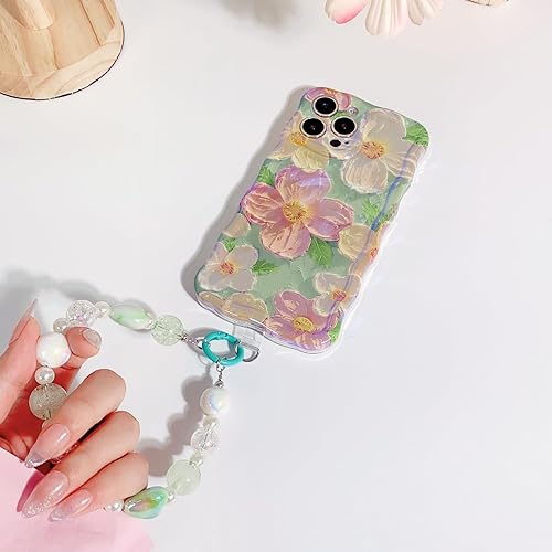 Miniatura 5 de NITITOP Funda compatible con iPhone 13 Pro Max, bonita funda de pulsera con flores de aceite y correa de muñeca con cordón verde para mujeres y