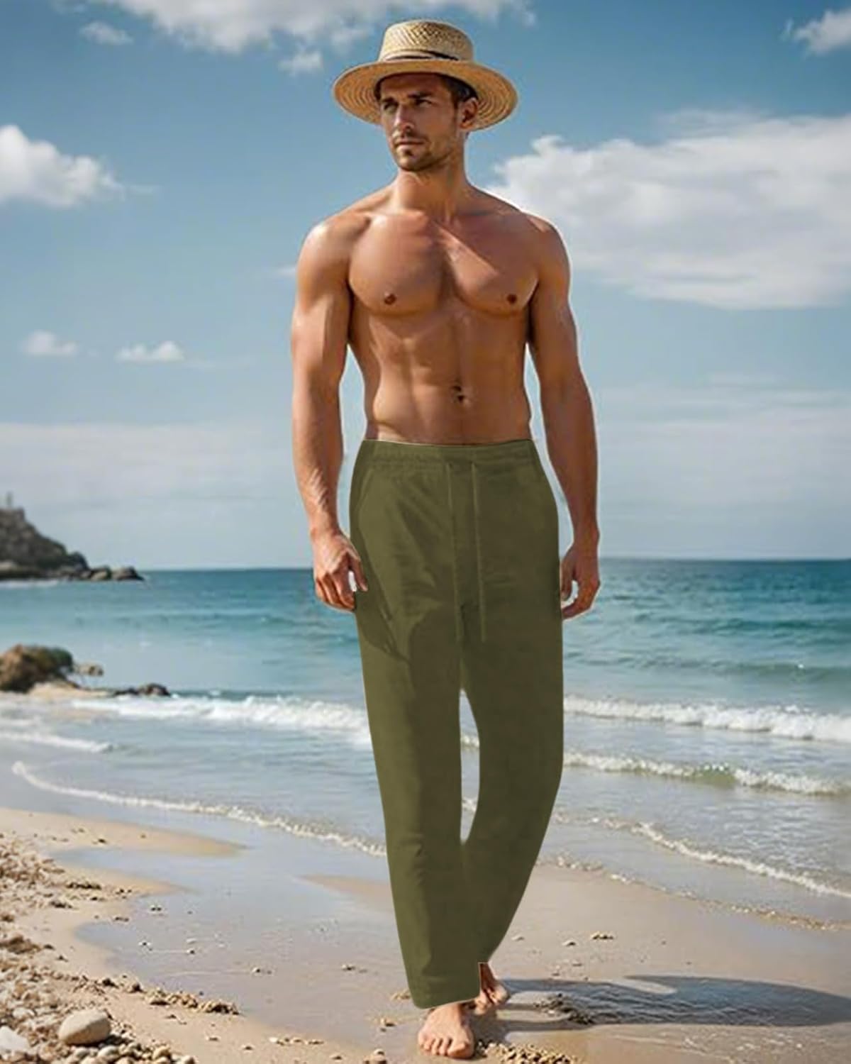 Men's Casual Linen Pants Summer Beach Trousers Loose Fit Straight-Legs Elastic Drawstring Waist Yoga Trousers - Image 7