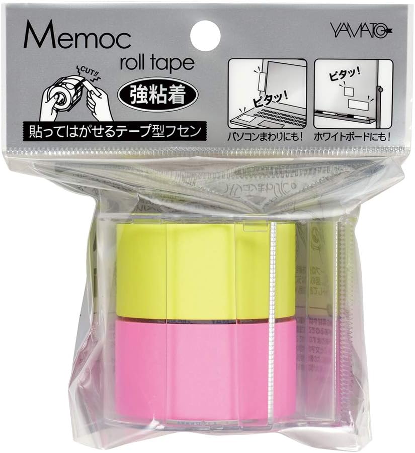 Yamato Memoc Roll Tape, Extra Sticky Self-Stick Memo Paper Tape, with Tape Dispenser, 25mm x 10m, 2-Color Set, Pink & Yellow, 1 ea. (PRK-25CH-RL)