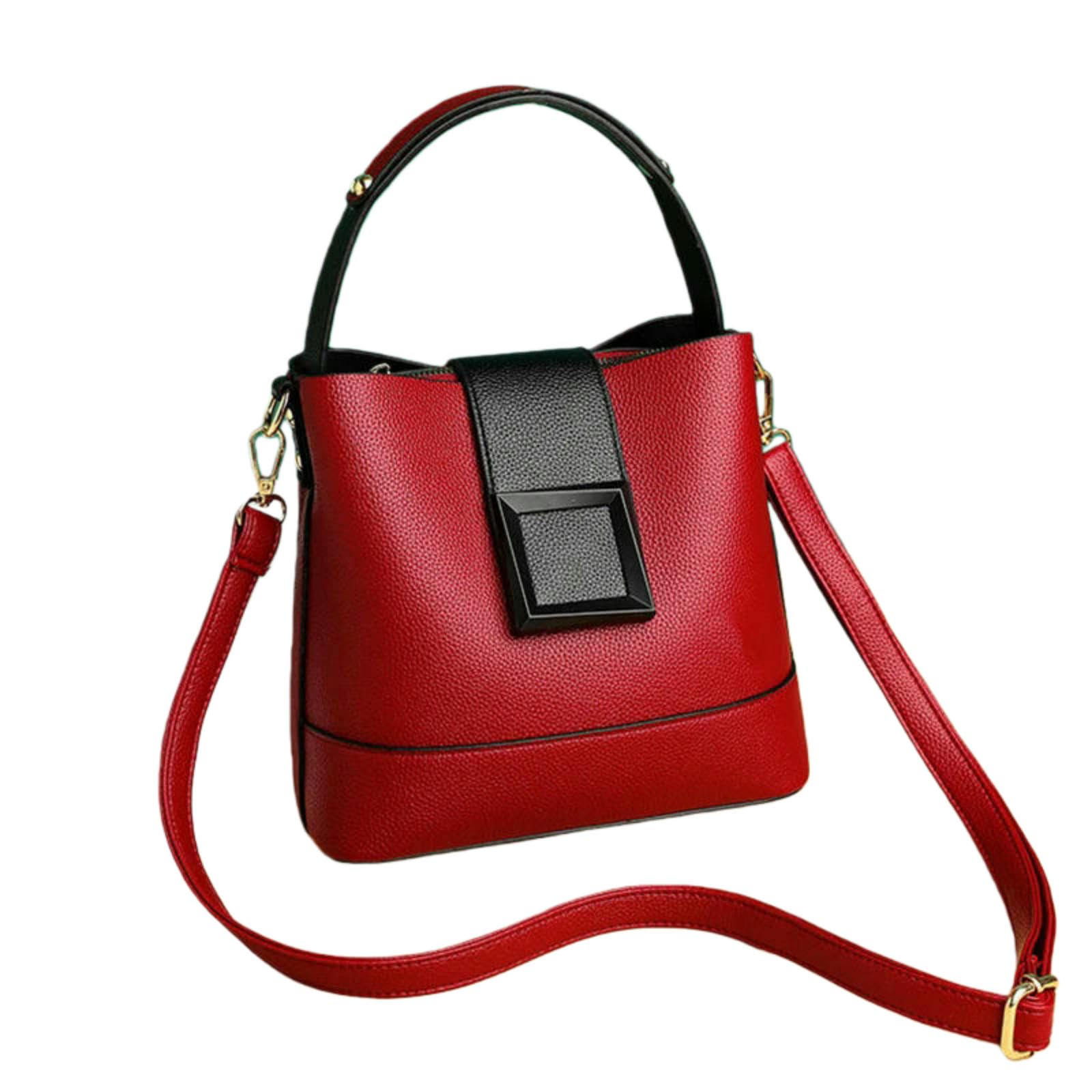 Borse Borsa A Secchiello Elegante in Pelle Pu da Donna - Mano Tinta Unita con Fibbia, Tracolla Convertibile E Tracolla-Rosso